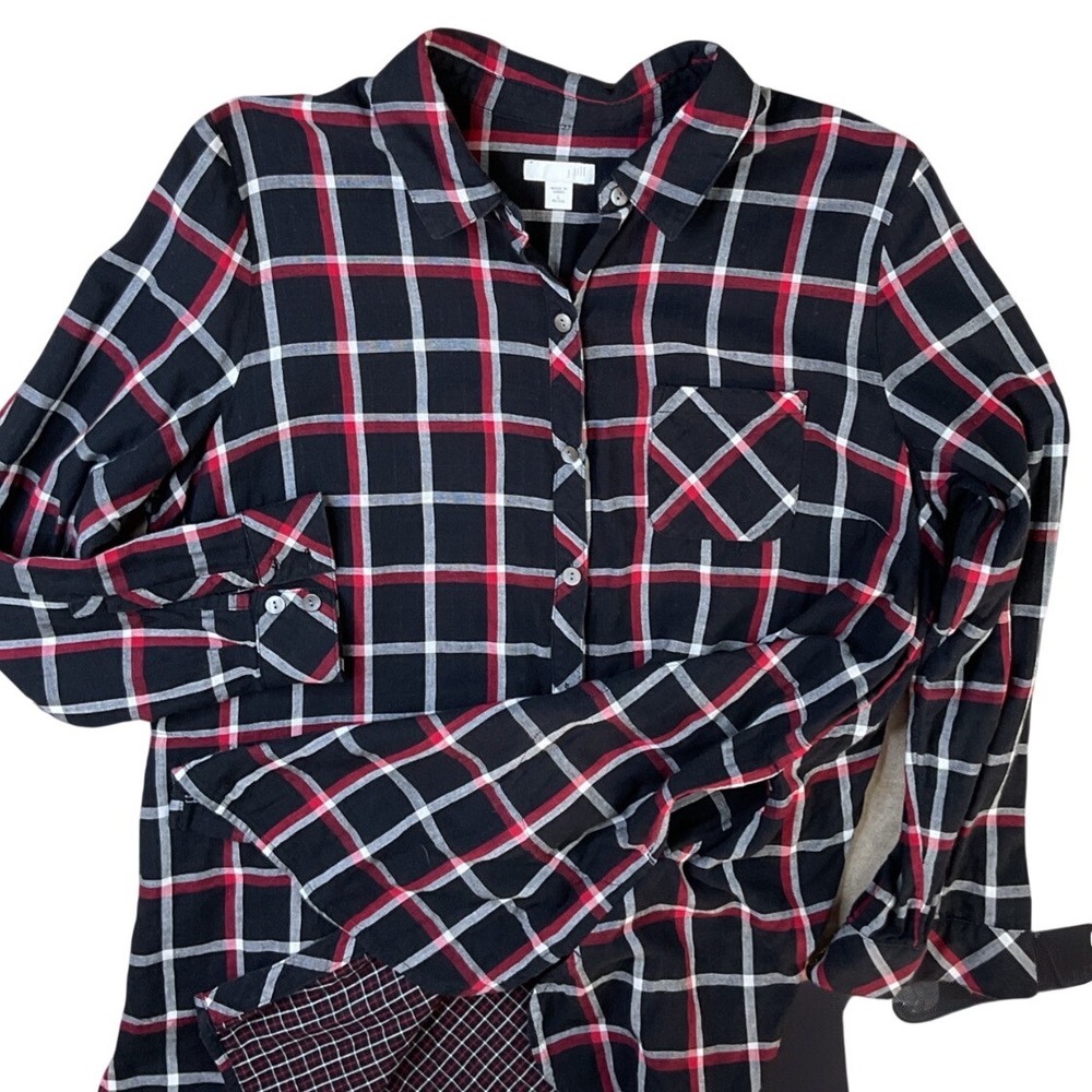J Jill Plaid Flannel Tunic Top Womens LP Petite Black Cotton Button Up Pockets